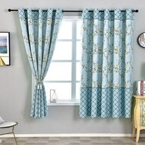 숏 블루 암막 커튼 꽃무늬 디자인 거실 침실 주방용, 1 PC W100 x H200cm, Hook, Green