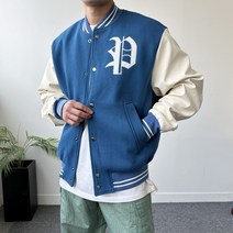 남자 봄아우터 배색 펠트 가죽바시티자켓 2color
