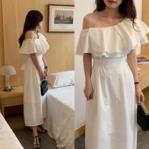 차탄 휴양지 비치 여름 오프숄더 원피스 블랙 화이트 바캉스 프릴 롱원피스 르뚜앙