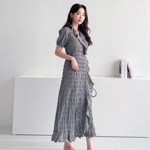 무배송 고퀄리티원단 시어서커 체크 사이즈편한 랩스타일 여성스러운 러플 로브 롱 원피스
