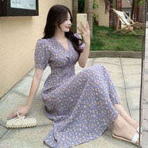 통통 소녀를 위한 여성용 대형 보라색 꽃 드레스 여름 프랑스 스타일 퍼프 슬리브 허리 포옹 슬리밍 요정 기질 패션
