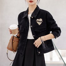 블랙 데님 짧은 재킷 여성 봄 가을 의류 2023 새로운 그물 레드 캐주얼 데님 재킷 숙녀 자수 탑