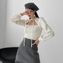 셀러허브(잡화) 여자 볼레로 리본끈 컷아웃 골지 티셔츠
