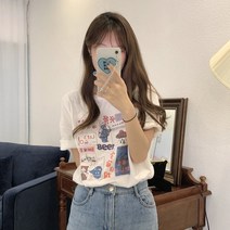 여성 빅사이즈 루즈핏 일본풍 일러스트 프린팅 반팔티