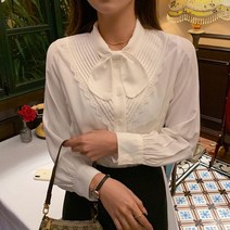 쉬폰블라우스 하객룩 오피스룩 리본 레이스 봄 가을 기본 셔츠 블라우스 긴팔 우아한 오피스 레이디 단색 화이트 보우 타이 상의