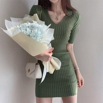 V넥 슬림 루즈 골지 니트 반팔 미니 당일배송 원피스 5color