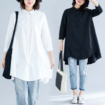 은창]베이직 와이드 A라인 7부 셔츠 블라우스 루즈핏 빅사이즈 오픈카라 화이트 브이넥 검정