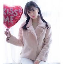 핑크 소라 박시 스웨이드 라이더 무스탕 자켓 루즈핏 겨울 따뜻한 데일리 인조 세무 양털 퍼 숏 언발란스 점퍼 코트 여성