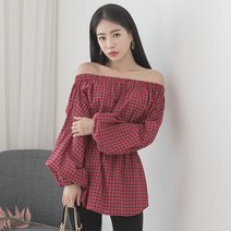 화이트폭스 밴딩타탄체크오프숄더블라우스