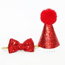 하늘풍선파티 애견생일 고깔모자보타이set 글리터 생일파티장식 강아지 고양이 모자 리본, 레드, 1세트