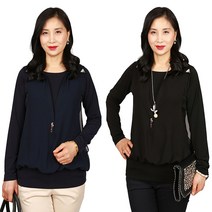 노브패리스 B07카라진주티 66~88 이중블라우스 뱃살커버 중년여성의류 체형 군살 봄 가을 모임 어버이날 간절기 긴팔 무지 할머니 엄마옷