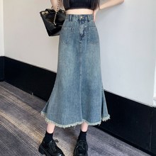  POMTOR 여름 데일리 빈티지 캐주얼 롱 청 치마 데님 스커트 