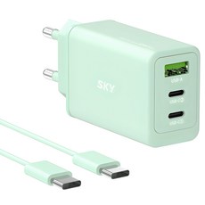 SKY 필 2세대 GaN 65W 미니 3포트 PD3 PPS QC4 플러스 초고속 C타입 멀티 충전기 + 60W C to C 케이블 2m 세트, 민트, 1세트