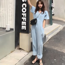 ANYOU 여자 데님 점프슈트 여름 허리 조임 슬림핏 반팔 와이드 점프슈트 상품 이미지