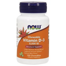 NOW Foods 維生素D3 5000IU口嚼錠 薄荷風味, 120顆, 1罐