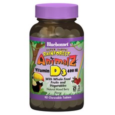 Bluebonnet 孩童維他命D3 400IU動物造型咀嚼錠 綜合莓果口味, 90顆, 1罐