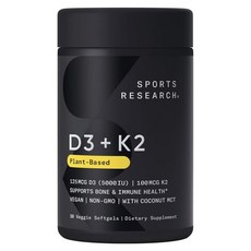 SPORTS RESEARCH 125mcg維他命D3與100mcg維他命K2素食軟膠囊, 1罐, 30顆