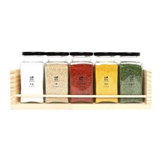 핸드팩토리 양념통 우드선반 세트, 1세트, 양념통 사각 라지 블랙캡 5p + 1단 우드선반 대 + 쿠킹타임 라벨