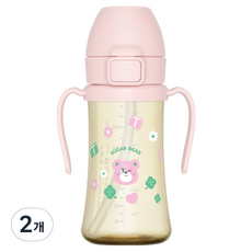 그로미미 유아용 노티드 PPSU 슈가베어 스틸프리 빨대컵 1단계 300ml, 2개, 스트로베리