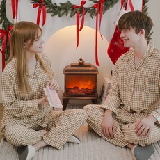 핑크존 커플용 지지미 체크 긴팔 카라 잠옷 상하의 세트