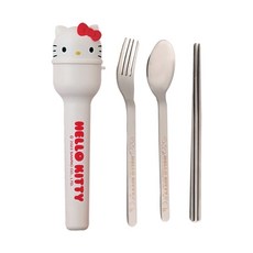 Sanrio 三麗鷗 Hello Kitty 凱蒂貓 隨行不鏽鋼餐具組 Set, 造型收納盒, 304不鏽鋼, 湯匙 + 筷子 + 叉子 + 收納盒, 白色, 1組