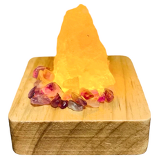 ROSE GEM 瑰麗寶 鹽燈小靈, 天然玫瑰鹽 + 多彩水晶鹽, 木質底座, LED燈, 電線, 紫水晶 火, 6 x 6 x 6cm