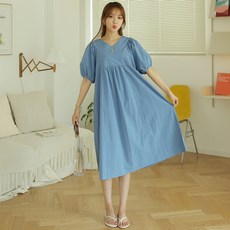 빼빼 브이 퍼프 롱 반팔 원피스
