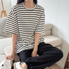 투데이앤룩 여성용 프레쉬 스트라이프 오버핏 반팔 티셔츠