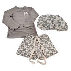 男童長袖分體泳衣 Set, 灰格椰子樹泳衣+泳褲（有綁帶）+泳帽, 1組