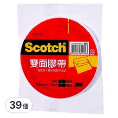 3M Scotch 雙面膠帶, 黏性佳 易撕 適用於一般文書、信封、勞作 12mm x 15yd, 668, 39個