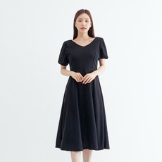 Elsso V領優雅泡泡袖喇叭連身裙, 黑色