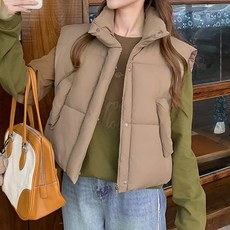 立領好比例短版保暖羽絨背心, 有口袋, 下擺抽繩, 胸寬48cm 長48cm 領口11cm, 卡其色