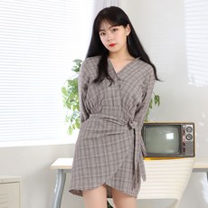 페이퍼먼츠 랩 스타일 브이넥 체크 셔츠 미니 원피스 6265