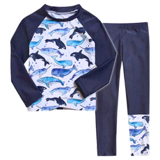 男童長袖分體泳衣 長袖上衣 + 泳褲, 2XL, 滿版鯊魚