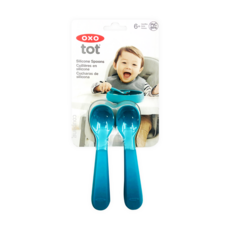 OXO tot 寶寶握全矽膠湯匙組, 深匙面寶貝好好舀, 彎曲手柄設計, 不含雙酚A, 靚藍綠, 湯匙2入, 1組