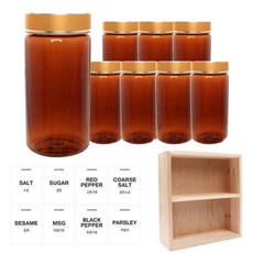 홈앤라이프 갈색 원형 PET 양념통 금속 골드 캡 350ml x 8p + 흰색 스티커 8p + 사각 선반 세트, 1세트, 양념통 원형 8p + 흰색 스티커 8종 + 사각 2단 선반