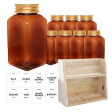 병도매닷컴 갈색 사각 PET 양념통 세트, 1세트, 갈색사각PET양념통 200ml x 8p + 알루미늄골드캡 8p + 라벨스티커 8p + 오픈 2단 선반