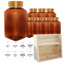 병도매닷컴 갈색 사각 PET 양념통 세트, 1세트, 갈색사각PET양념통 200ml x 8p + 금속골드캡 8p + 라벨스티커 8p + 오픈 2단 선반