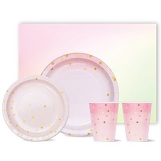 BLEEN 종이접시 핑크마블 도트 그라데이션 230mm 10p + 핑크마블 도트 180mm 10p + 종이컵 8oz 20p +파스텔드림 테이블 매트 400 x 290 mm 24p, 1세트