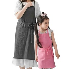 하우밍 마메종 린넨 롱앞치마 + 린넨 키즈 앞치마, 핑크, 차콜, 1세트