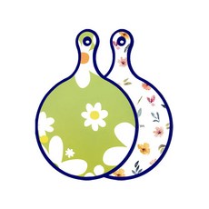 로엠디자인 블루에디션 양면 원형 서빙 도마 floral design하얀개나리, 파스텔플라워패턴, 1개