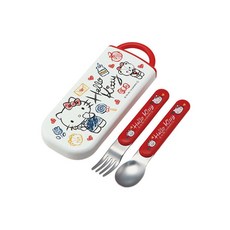 헬로키티 슬라이드식 스푼 + 포크 + 이름 스티커 세트, 화이트 헬로키티, 1세트