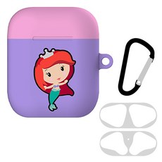 디즈니프린세스 에어팟 1 / 2 공용 하드 케이스 + 철가루 방지 스티커 + 키링 세트, 큐티(에리얼)