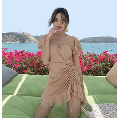 박하쇼룸 여성 휴양지 셔링 모노키니 원피스 수영복, 베이지