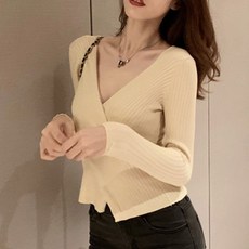 공블리 여성용 골지 크로스 브이넥 니트티 CST1276