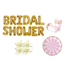 브라이덜샤워 소품 패키지 BRIDAL SHOWER 풍선 골드 + 꽃팔찌 미니로즈 피치 4p + 테이블웨어 핑크, 혼합색상, 1세트