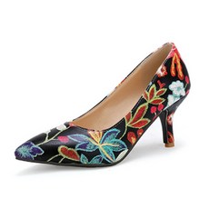  페이퍼먼츠 여성용 내추럴 꽃잎 자수 미들 힐 구두 7cm 00176 