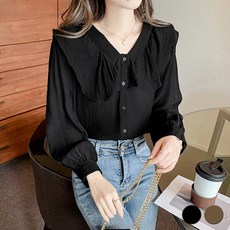  메이첼 세련된 브이넥 프릴 포인트 긴팔 셔츠 00405  상품 이미지