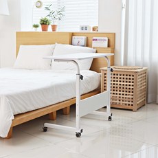 바퀴달린 이동식 간이 쇼파 미니 침대용 높낮이조절 보조 원목 테이블 80 x 40 cm, 화이트