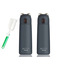 푸코 베티 원터치 텀블러 보온보냉병 2p + 세척솔 세트, 블랙, 블랙(텀블러), 350ml